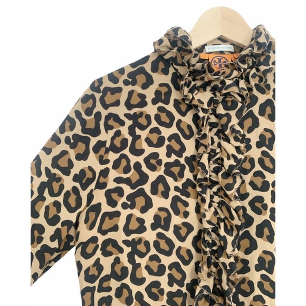 Tory Burch Leopard 100% Silk Ruffle Long Sleeve Blouse NWOT sz 6 - Picture 9 of 14